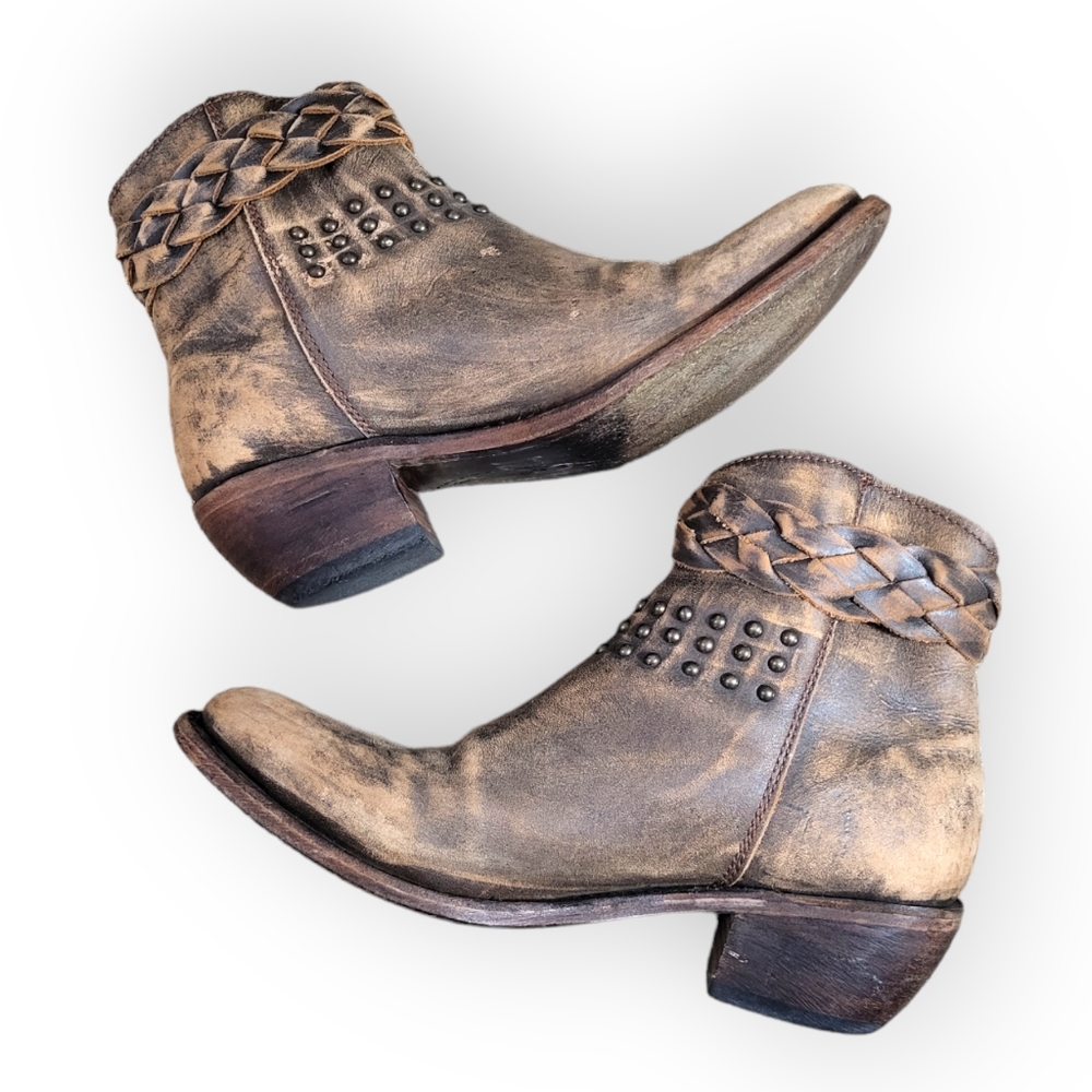 LIBERTY BLACK Distressed Brown Leather Studded Ankle Boots with Braided Strap 8 - Picture 4 of 11